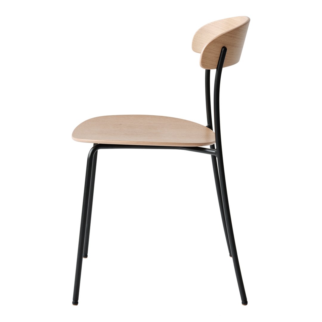 Natural wood chair with a smooth light oak finish and sleek black metal legs. Modern and minimalist design.
