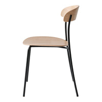 Natural wood chair with a smooth light oak finish and sleek black metal legs. Modern and minimalist design.