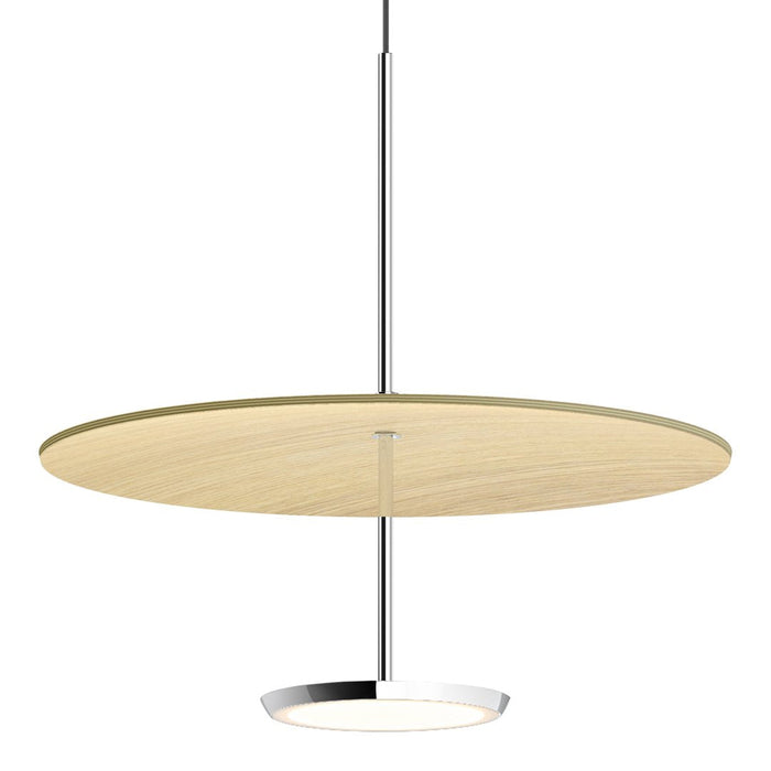 Stylish round pendant light with a natural wood finish and sleek chrome accents for modern decor.