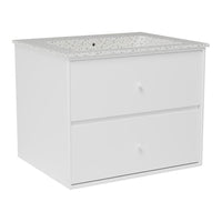 White bathroom vanity with a speckled gray countertop and smooth, sleek drawers. Modern and stylish design.