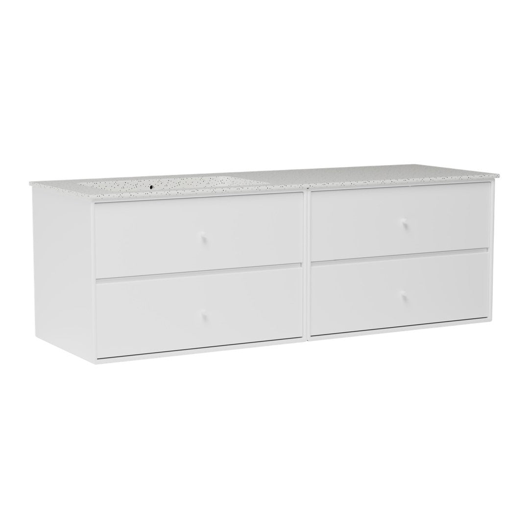 White chest of drawers with a smooth surface and minimalist design, featuring four spacious drawers.
