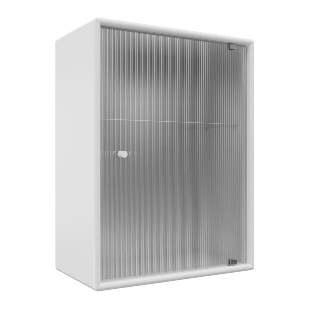 White display cabinet with a subtle ribbed pattern, featuring a clear interior and sleek design. Ideal for modern spaces.