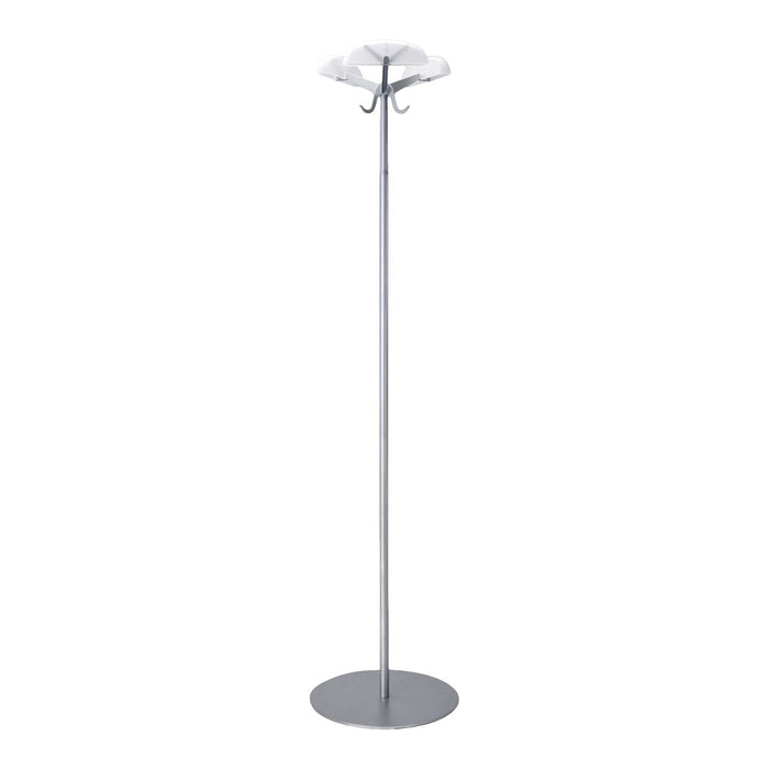 White floral coat rack with a sleek chrome pole and round base, ideal for modern decor. Elegant and minimalist design.