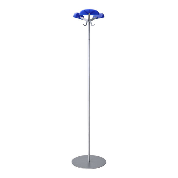 Blue padded hooks on a sleek silver coat rack with a round base, perfect for modern home decor.