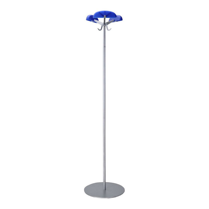 Blue padded hooks on a sleek silver coat rack with a round base, perfect for modern home decor.