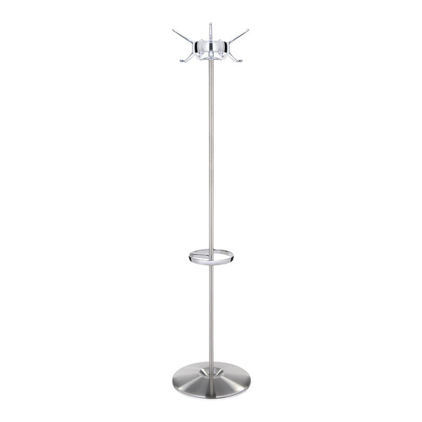 Sleek silver coat rack with a minimalist design and a round base, featuring a smooth finish and modern lines.