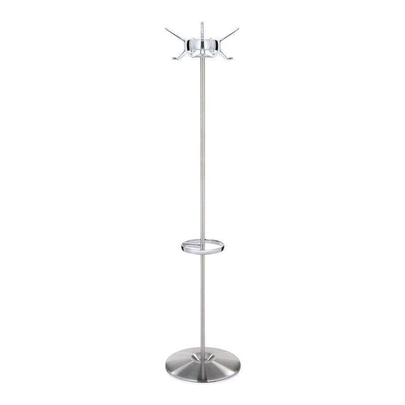 Sleek silver coat rack with a minimalist design and a round base, featuring a smooth finish and modern lines.
