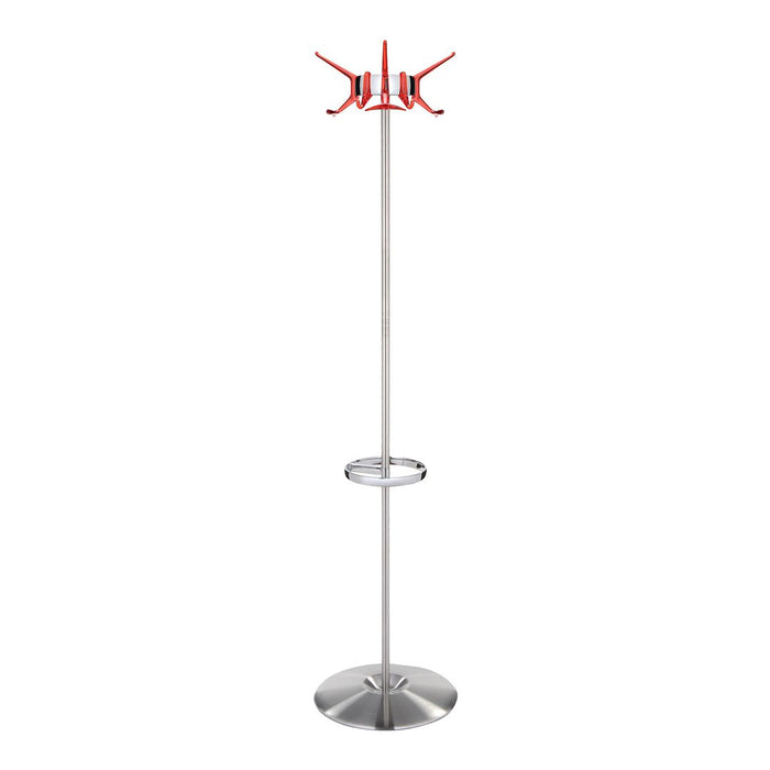 Red and silver coat rack with sleek, modern design and a circular base, featuring four hooks.