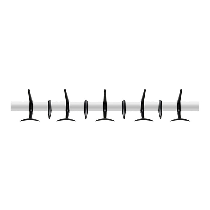 Black wall hooks in a sleek, modern design on a white rod, creating a minimalist aesthetic.