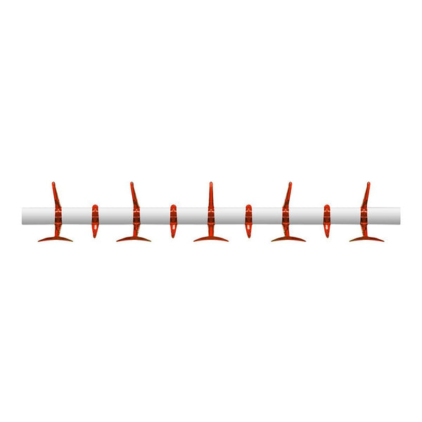 Bright red hooks on a sleek white bar, featuring a modern, minimalistic design. Ideal for organization and style.