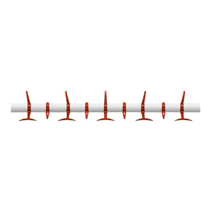 Bright red hooks on a sleek white bar, featuring a modern, minimalistic design. Ideal for organization and style.