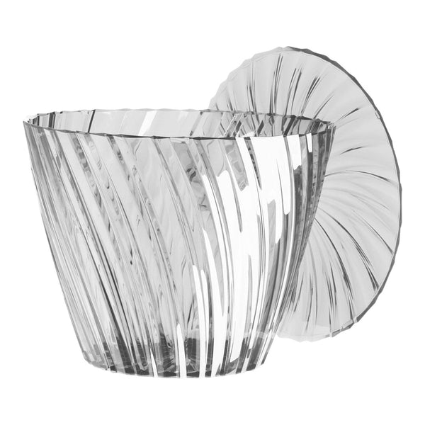 Clear glass bowl with elegant spiral texture and polished finish, showcasing light reflections and geometric pattern.