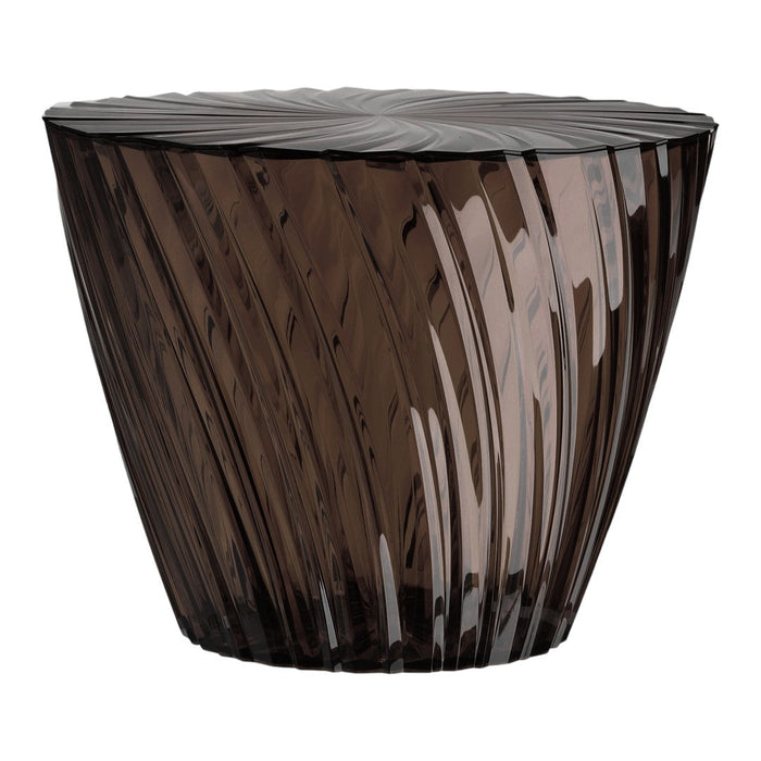 Brown ribbed accent table with a glossy finish, featuring swirling patterns that create a modern, textured look.
