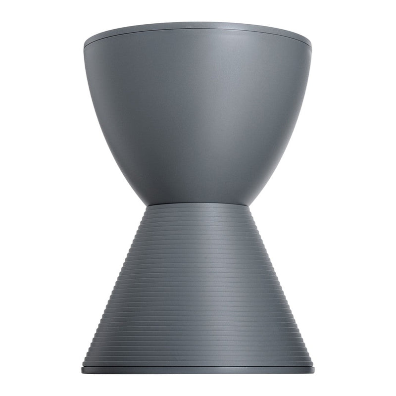 "Modern gray stool with a textured, ribbed cone shape and smooth top, perfect for contemporary decor."