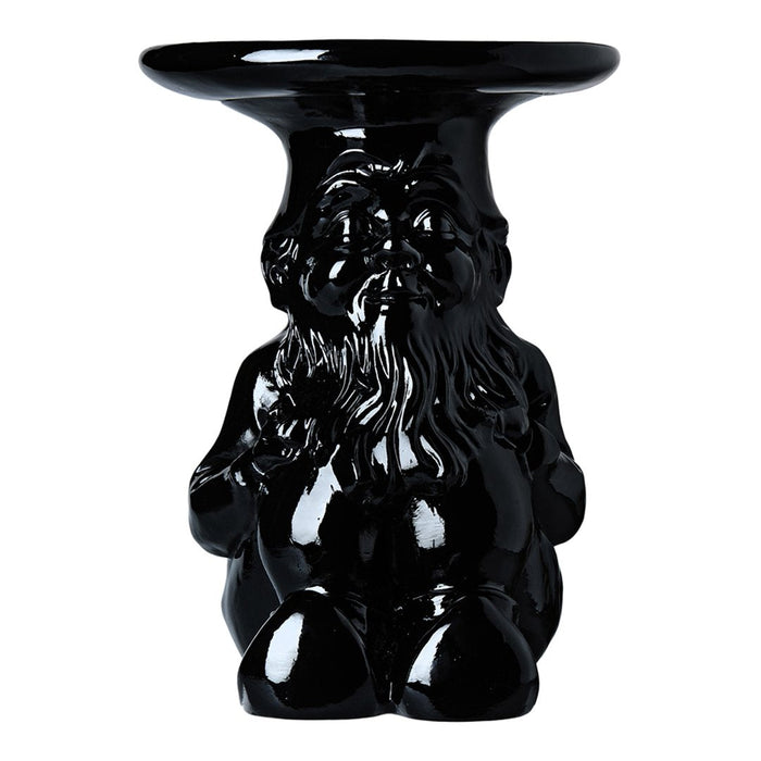 Glossy black ceramic gnome stool with intricate detailing and smooth surface finish. Perfect for modern decor.