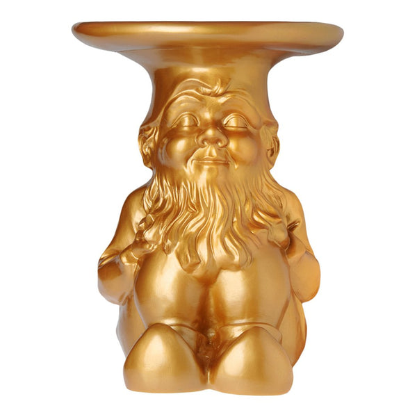 Gold gnome stool with a shiny, smooth finish, perfect for adding a playful touch to any decor.