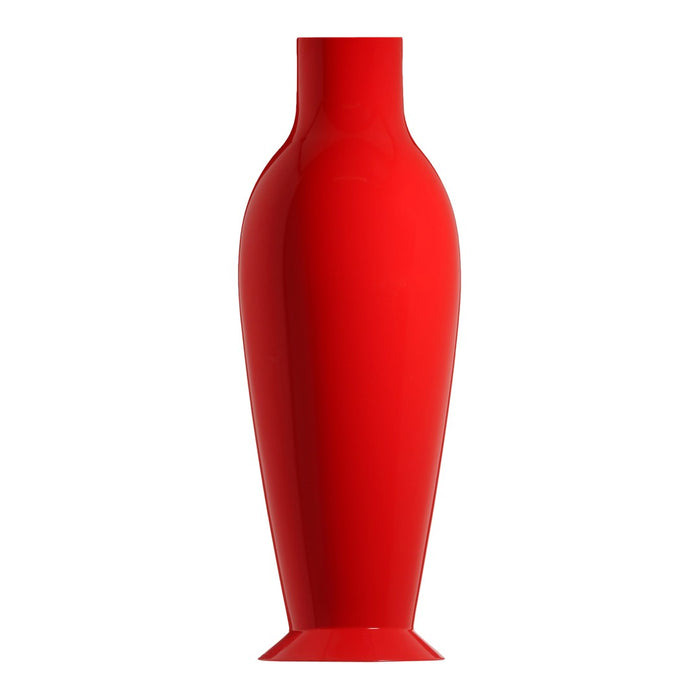 Glossy red vase with a sleek, modern silhouette and smooth, shiny finish. Perfect for vibrant decor accents.