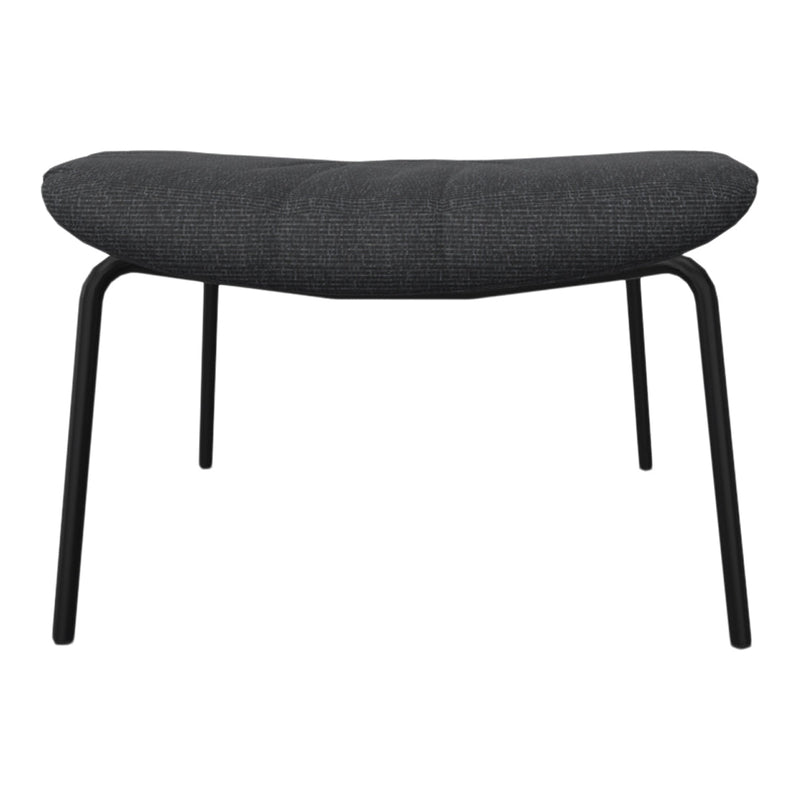 Textured dark gray upholstered stool with black metal legs, perfect for modern decor.
