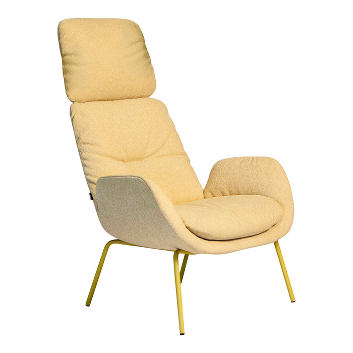 Stylish yellow textured armchair with soft upholstery and sleek yellow legs, perfect for modern decor.