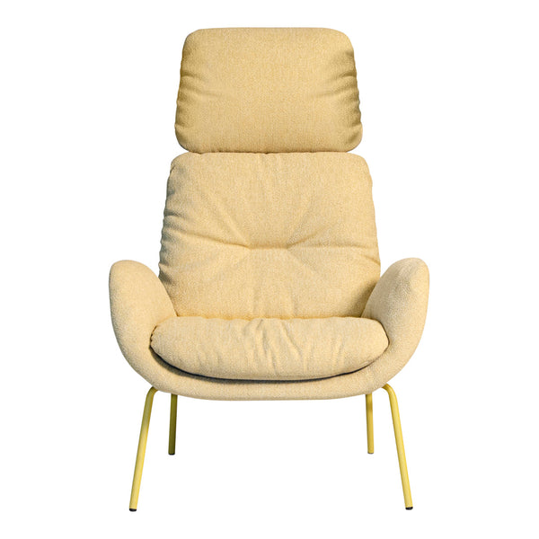 Yellow textured armchair with a plush design and matching yellow legs for a vibrant and cozy aesthetic.