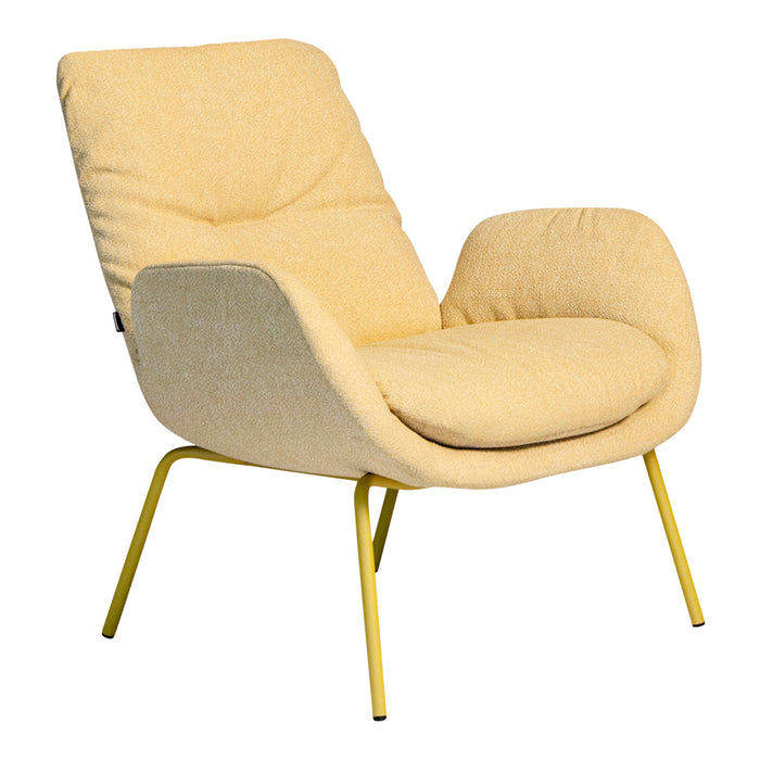 Yellow textured lounge chair with soft cushioning and bright yellow metal legs. Perfect for modern decor.