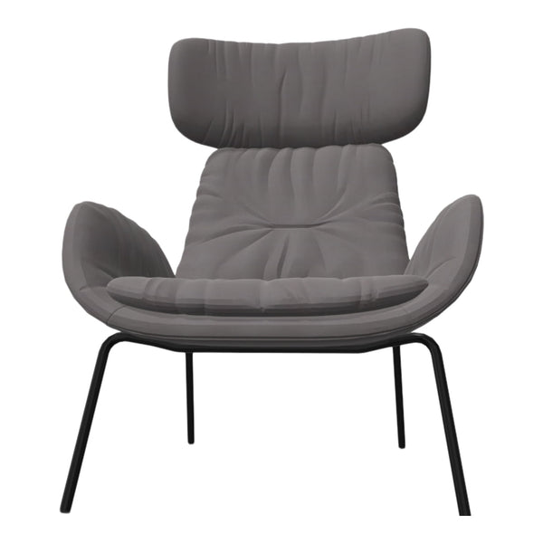 Gray plush armchair with tufted pattern and sleek black metal legs for a modern touch. Ideal for stylish interiors.