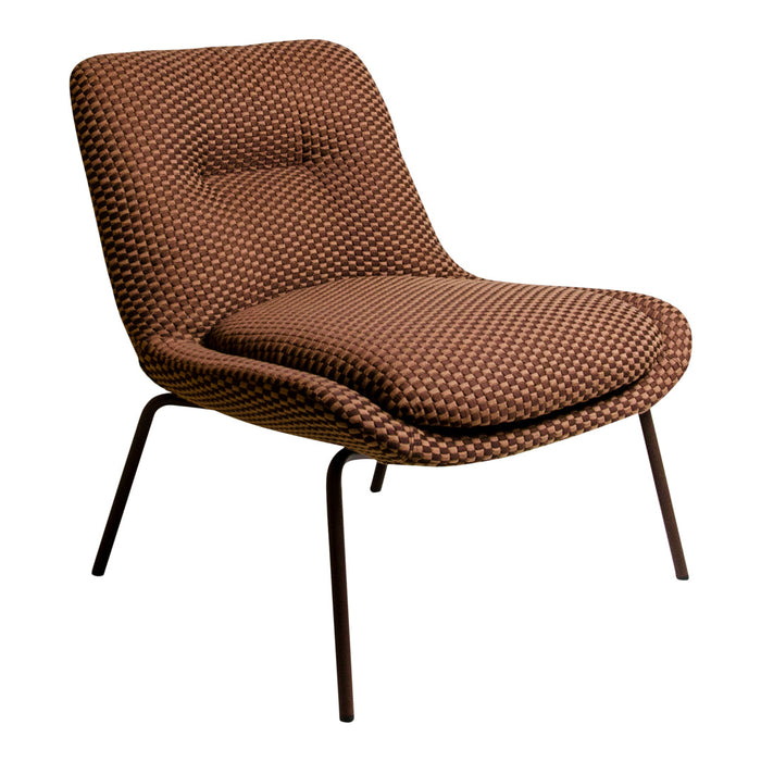 Brown woven lounge chair with a textured pattern, featuring a cozy, inviting design and dark metal legs.