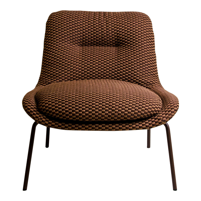 Brown checkered patterned chair with soft cushions and sleek metal legs. Ideal for modern home decor.