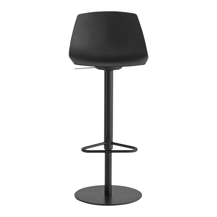 Black ergonomic bar stool with a smooth, matte finish and minimalist design elements, featuring a sleek, circular base.