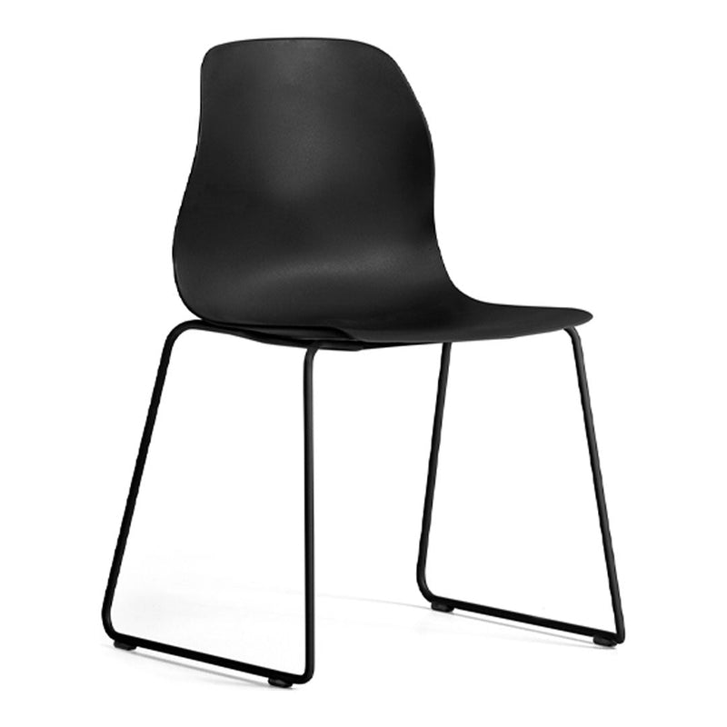 Sleek black chair with a minimalist design and a smooth matte finish, set on thin black metal legs.