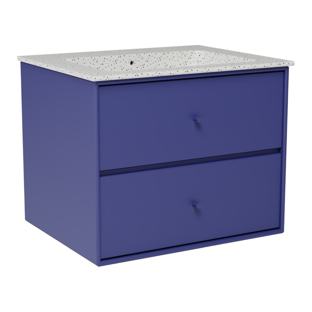 Vibrant blue cabinet with two drawers and a speckled white countertop. Perfect for modern decor.