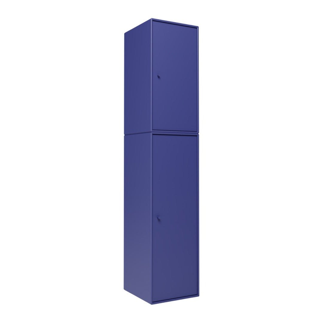 Tall blue storage cabinet with a sleek, solid color and modern design. Ideal for organization and style.