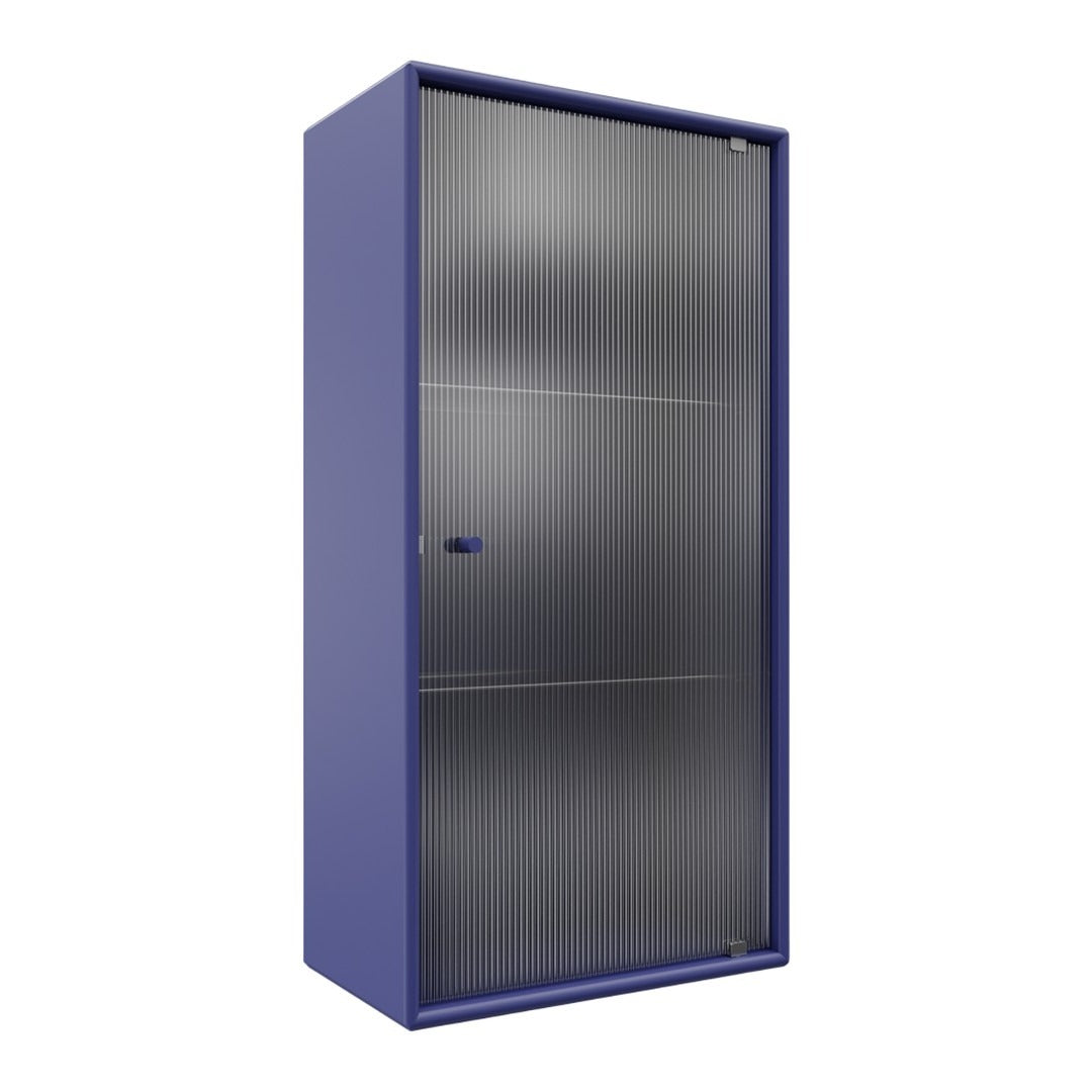 Blue and gray cabinet with smooth surfaces and vertical ribbed patterns on the doors. Ideal for modern interiors.