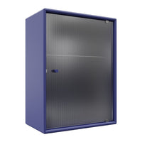 Purple cabinet with a sleek, ribbed silver door, offering a modern and stylish design for your space.