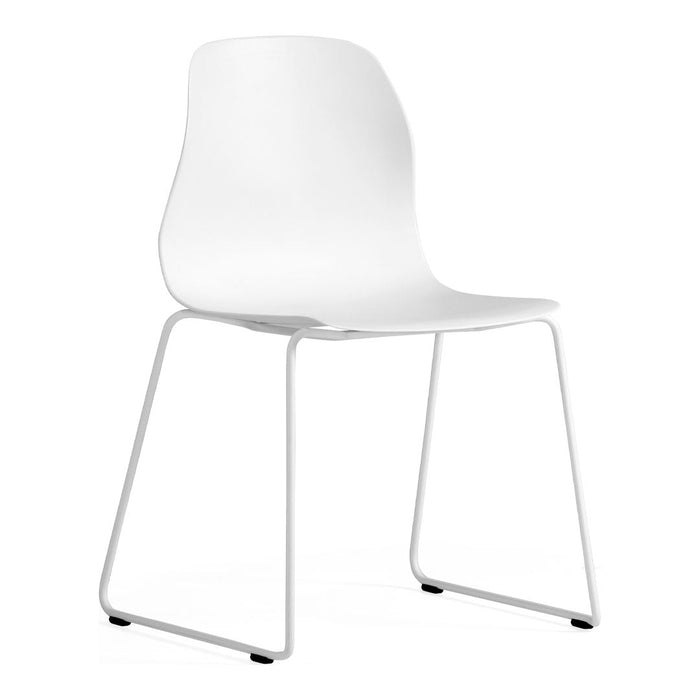 Sleek white chair with a minimalist design and smooth finish, featuring a simple, clean color palette.