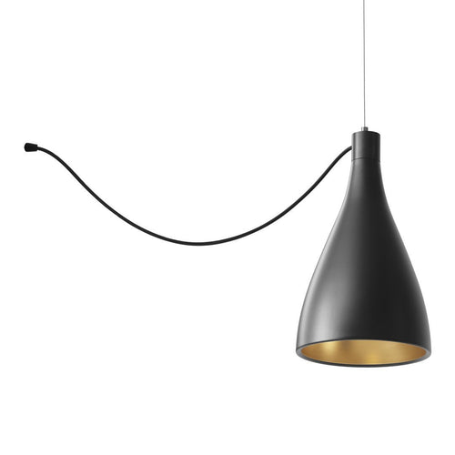 Sleek black pendant lamp with a gold interior, featuring a minimalist teardrop shape and long black cord.