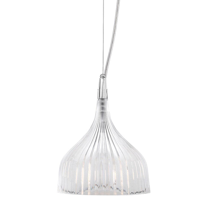 Clear glass pendant lamp with sleek ribbed pattern and silver accents. Modern design for stylish lighting.