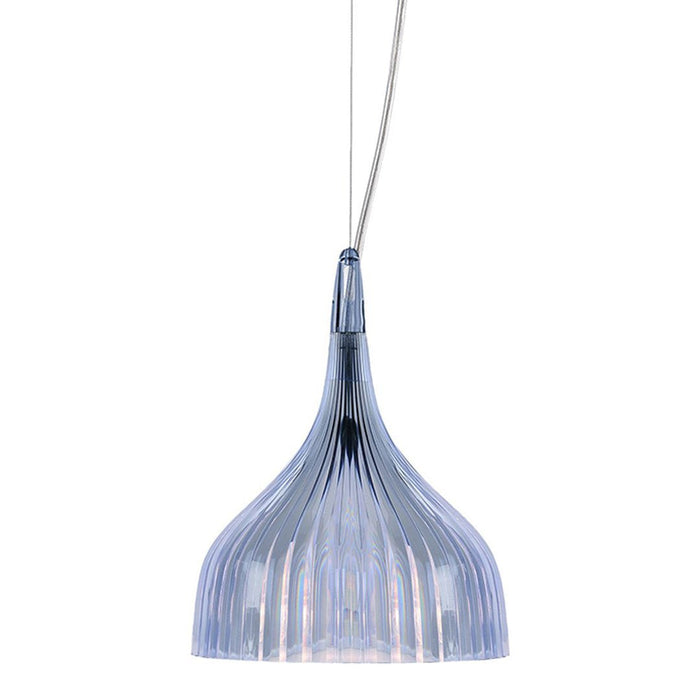 "Elegant blue glass pendant lamp with a ribbed pattern and smooth curves, perfect for modern decor."