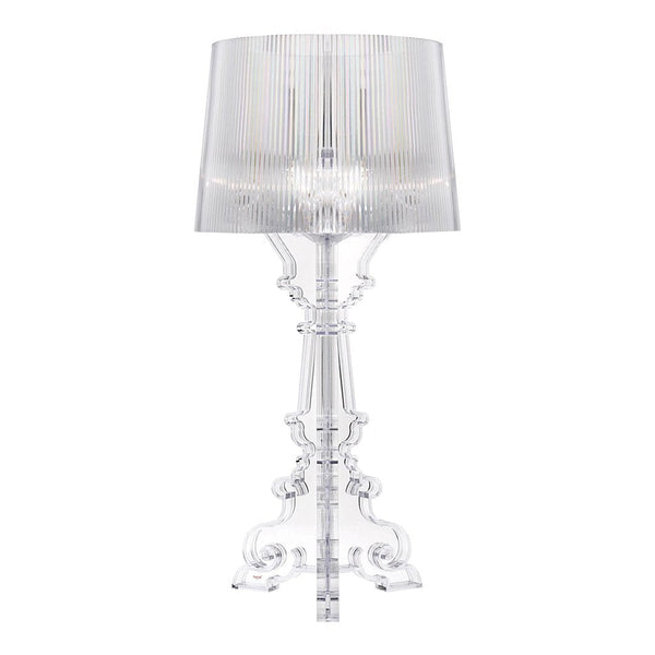 Transparent crystal lamp with a pleated white shade, showcasing a contemporary design and elegant patterns.