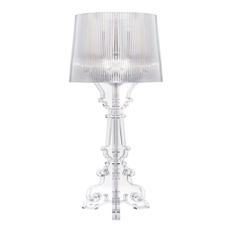 Transparent crystal lamp with a pleated white shade, showcasing a contemporary design and elegant patterns.