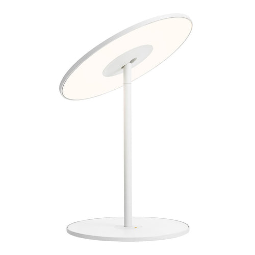 Modern white desk lamp with an oval, frosted light shade and sleek, minimalist design. Perfect for any decor.