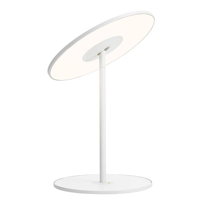 Modern white desk lamp with an oval, frosted light shade and sleek, minimalist design. Perfect for any decor.
