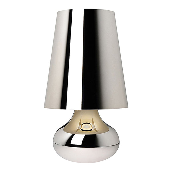 Sleek silver lamp with a shiny metallic finish and minimalist design, featuring a smooth, rounded base.