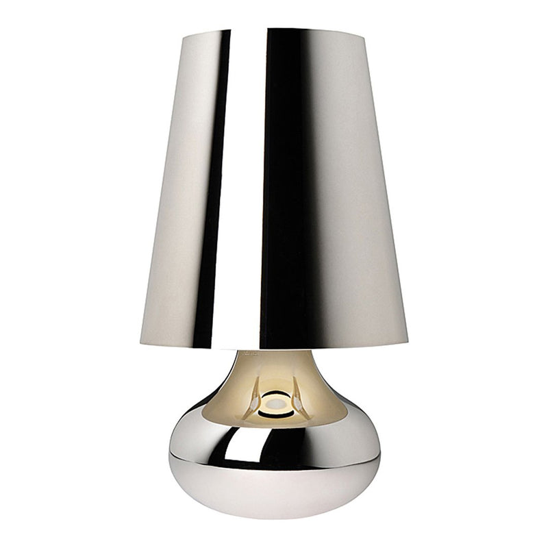 Sleek silver lamp with a shiny metallic finish and minimalist design, featuring a smooth, rounded base.