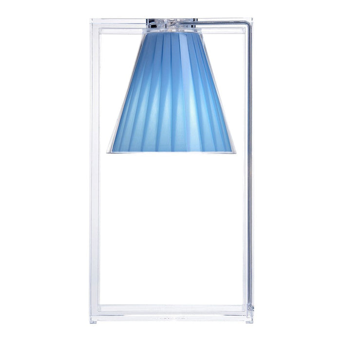Translucent frame with a pleated light blue lampshade, adding a modern touch to any decor.