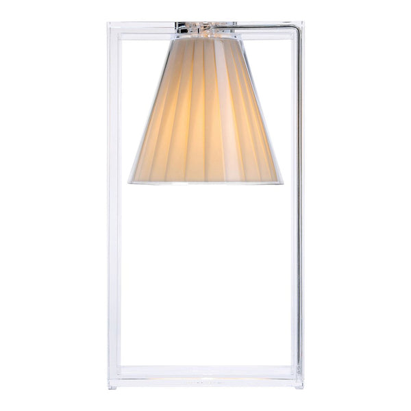 Clear rectangular base with a soft beige pleated lampshade, creating a modern and elegant look.
