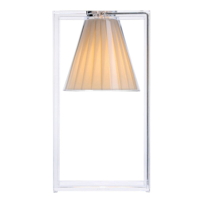 Clear rectangular base with a soft beige pleated lampshade, creating a modern and elegant look.