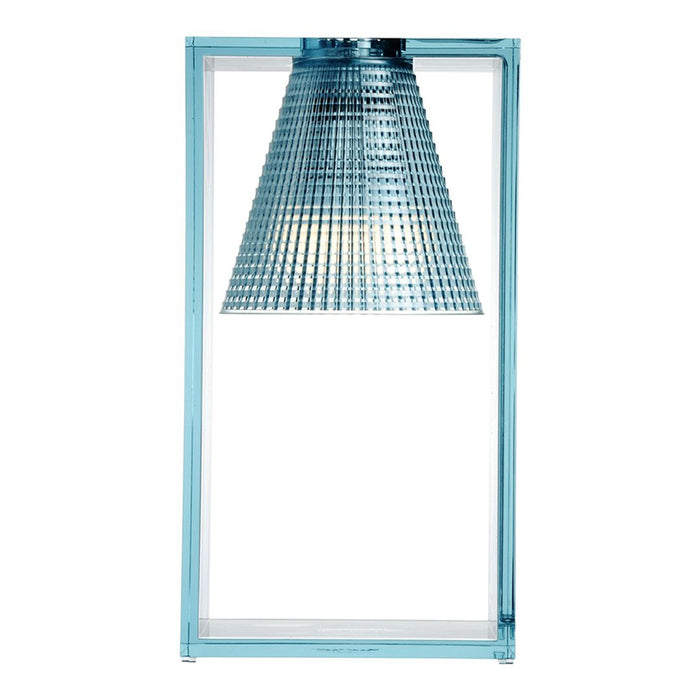 Textured aqua blue lamp with a geometric patterned shade, framed in transparent acrylic. Modern design for stylish decor.