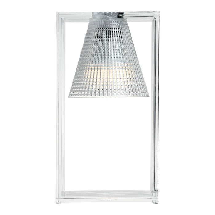 Transparent geometric lamp with a textured silver shade, creating a modern and sleek aesthetic.