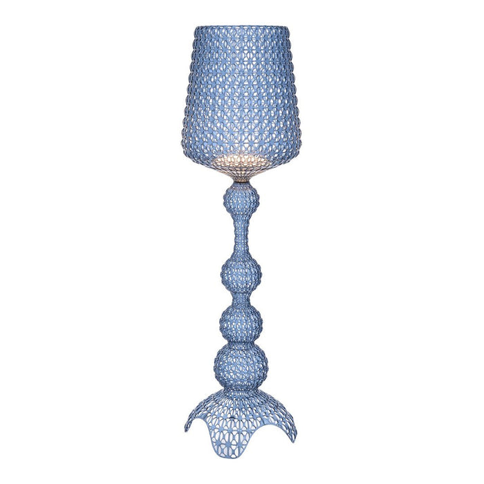 Blue patterned lamp with intricate details and a modern design, featuring a textured finish and elegant silhouette.